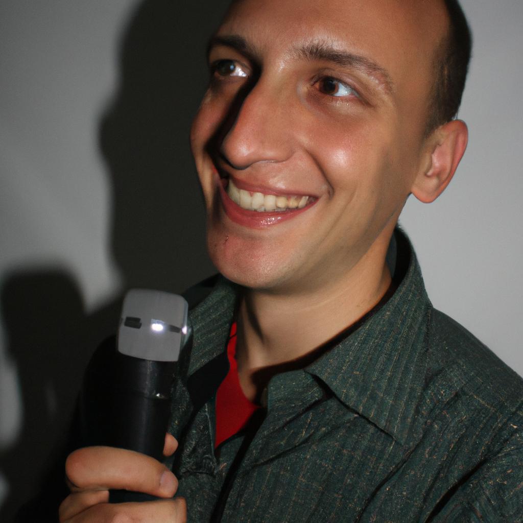 Person holding a microphone, smiling